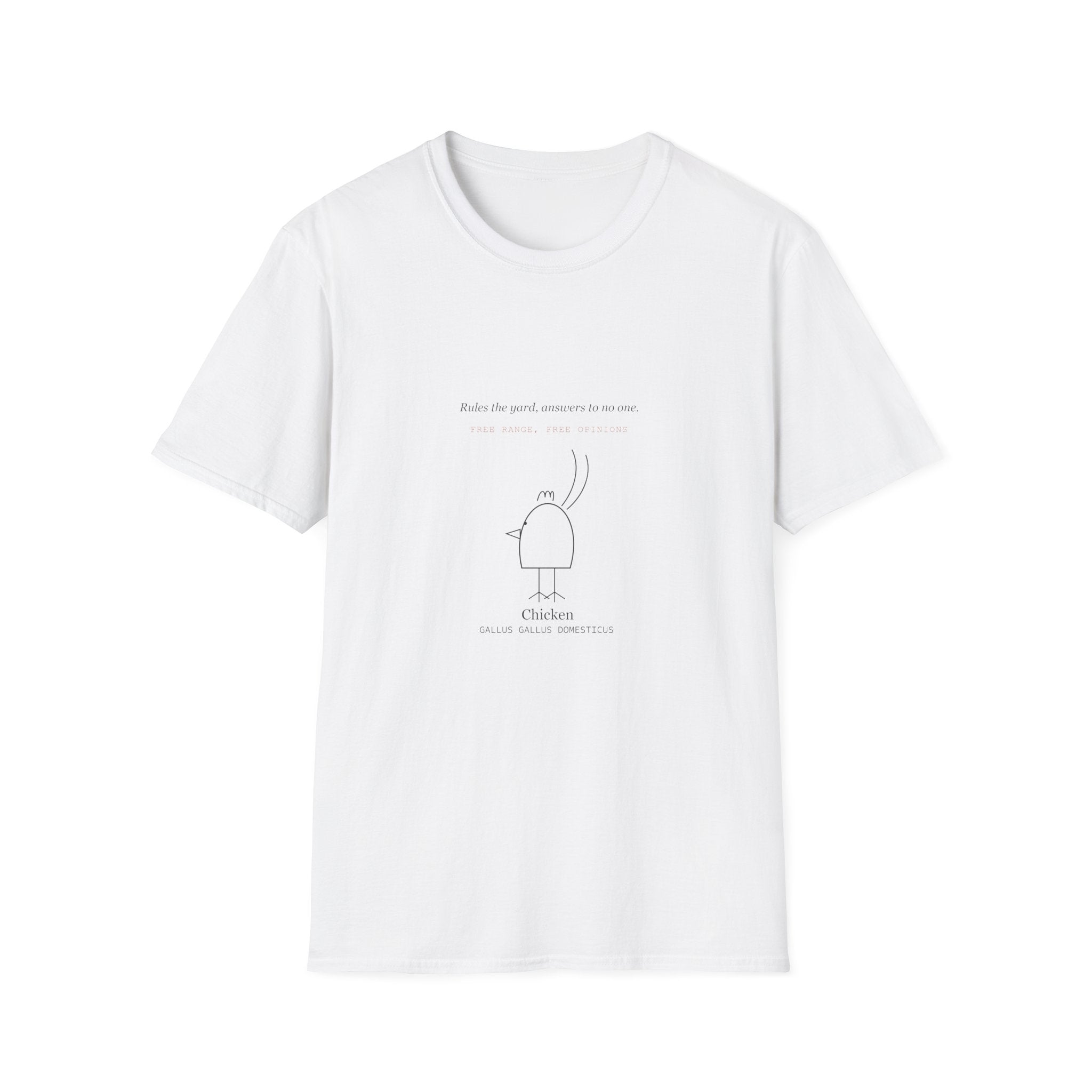 Minimal Chicken Illustration T-Shirt — Cute Line Art "Rules the World, Squeaks to No One"