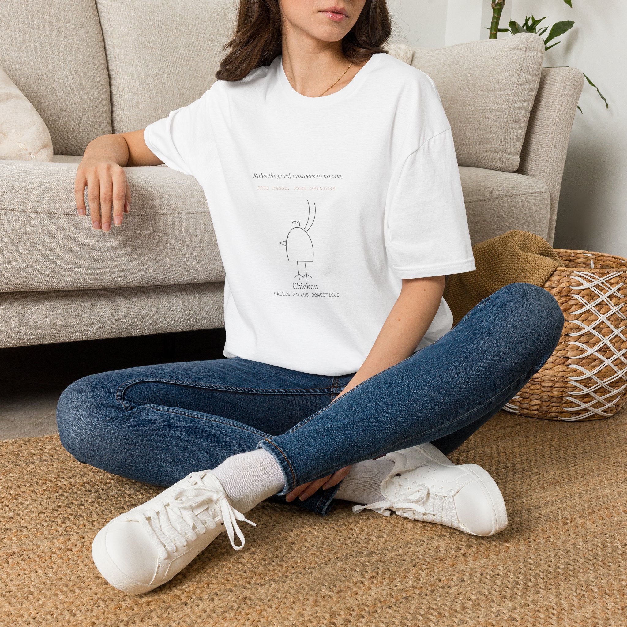Minimal Chicken Illustration T-Shirt — Cute Line Art "Rules the World, Squeaks to No One"
