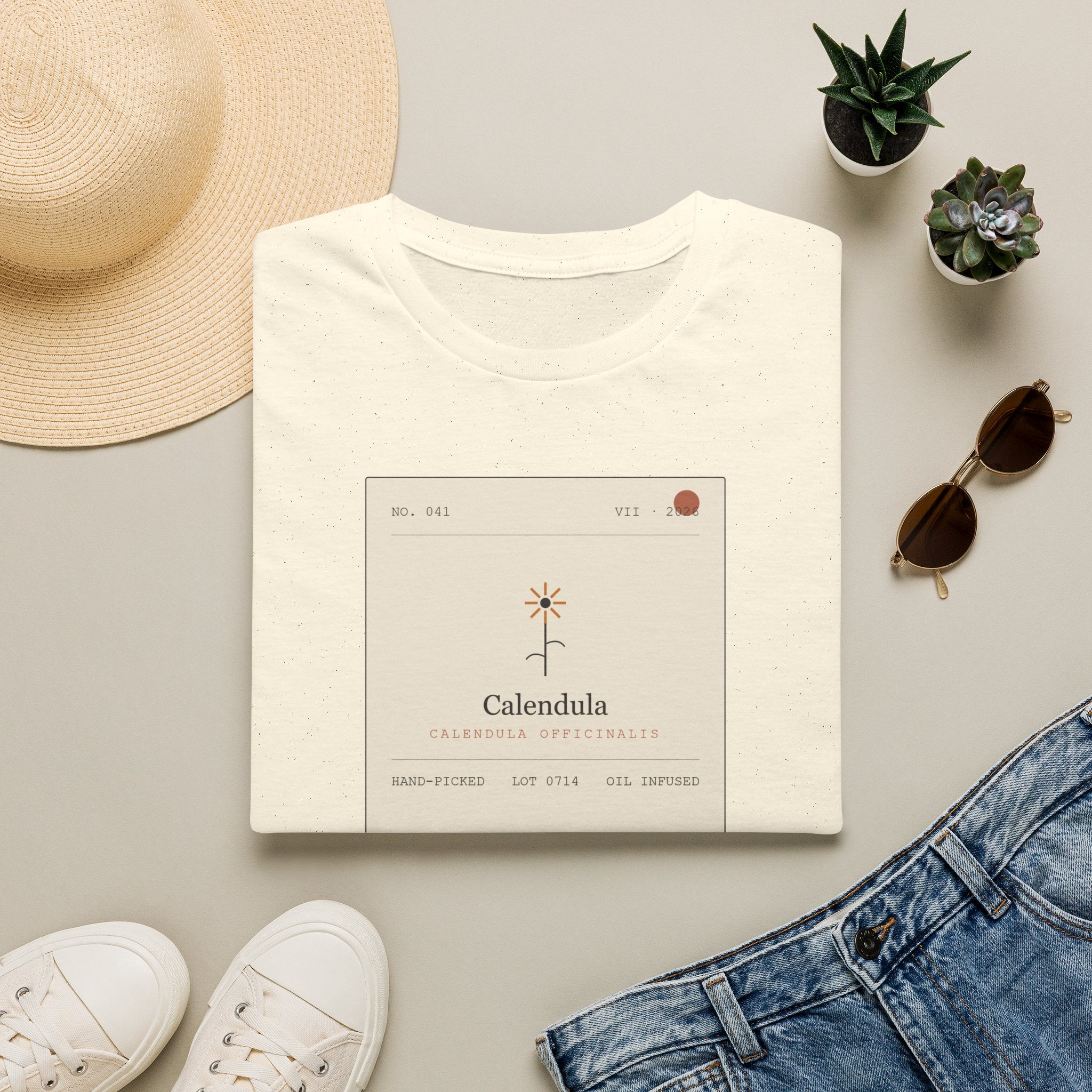 Field Ledger Calendula Illustration T-Shirt | Botanical Flower Label Tee