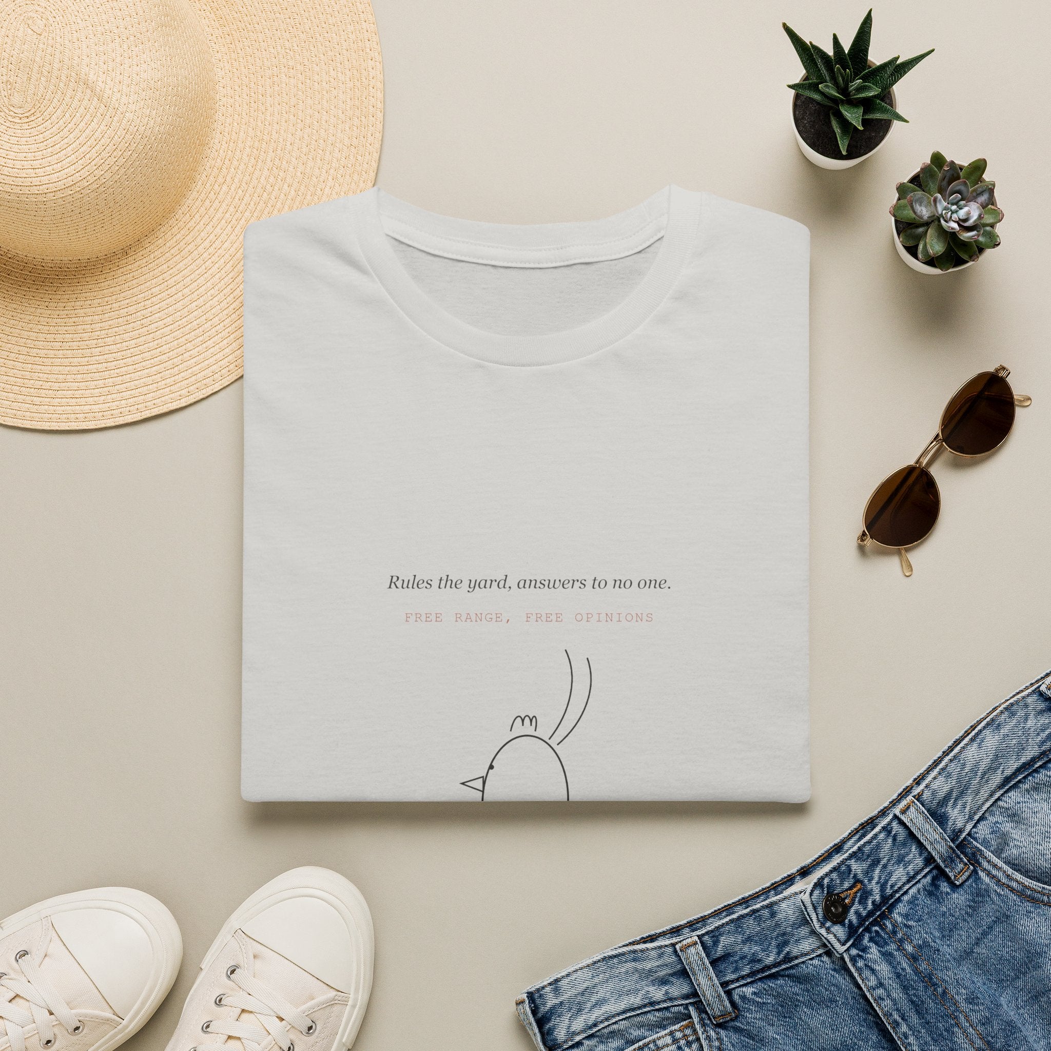 Minimal Chicken Illustration T-Shirt — Cute Line Art "Rules the World, Squeaks to No One"