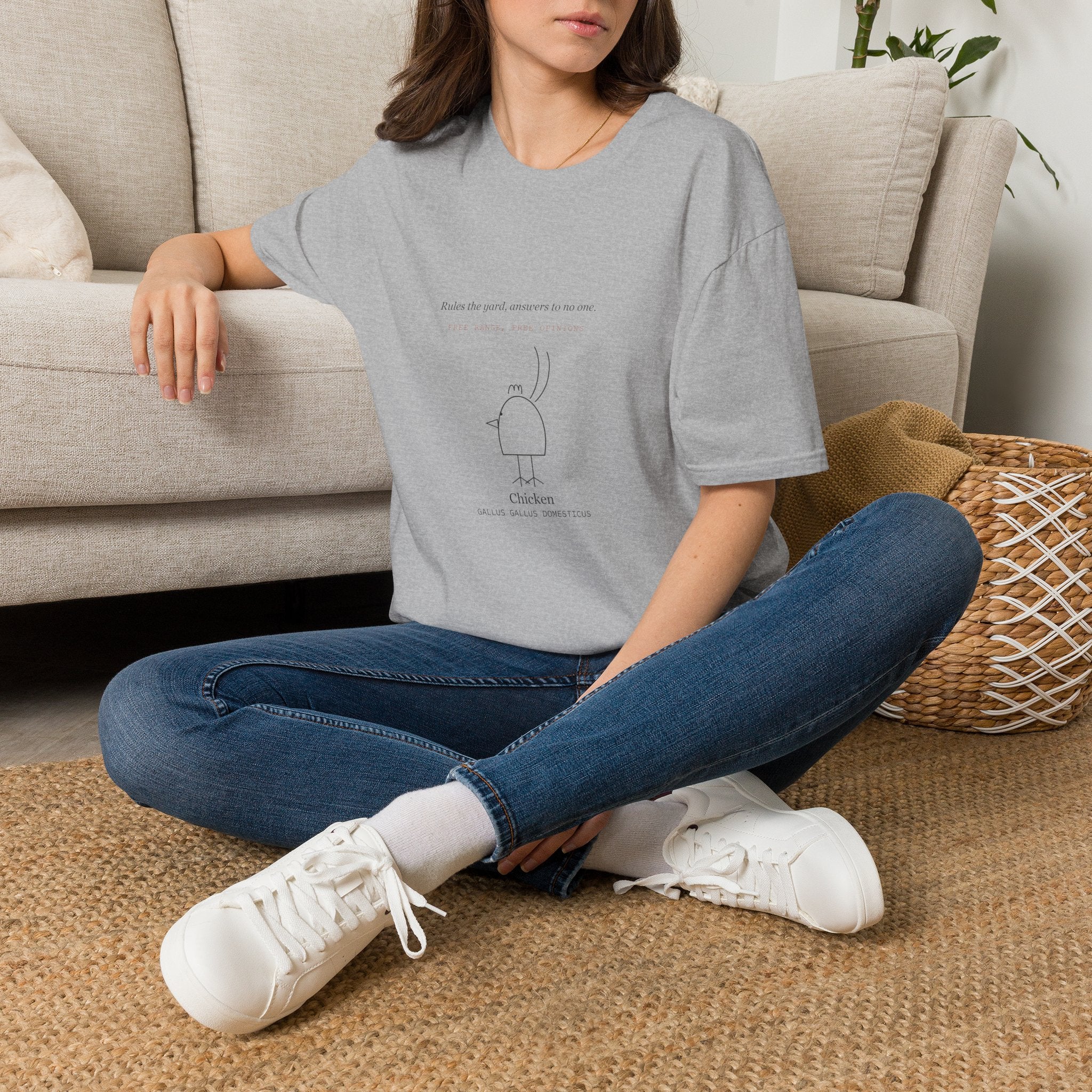 Minimal Chicken Illustration T-Shirt — Cute Line Art "Rules the World, Squeaks to No One"