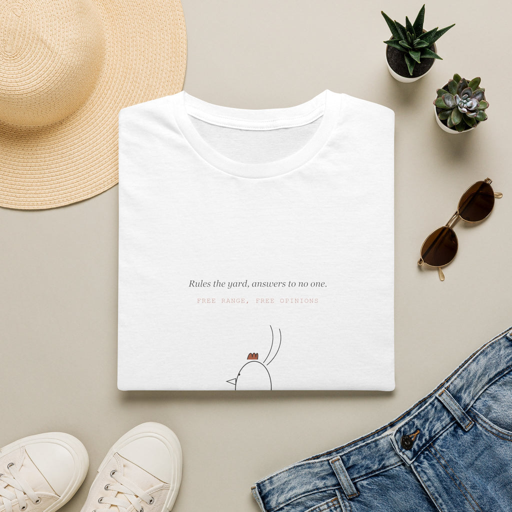 Minimal Chicken Color Illustration T-Shirt — "Rules the world, answers to no one" Farmyard Pet Tee